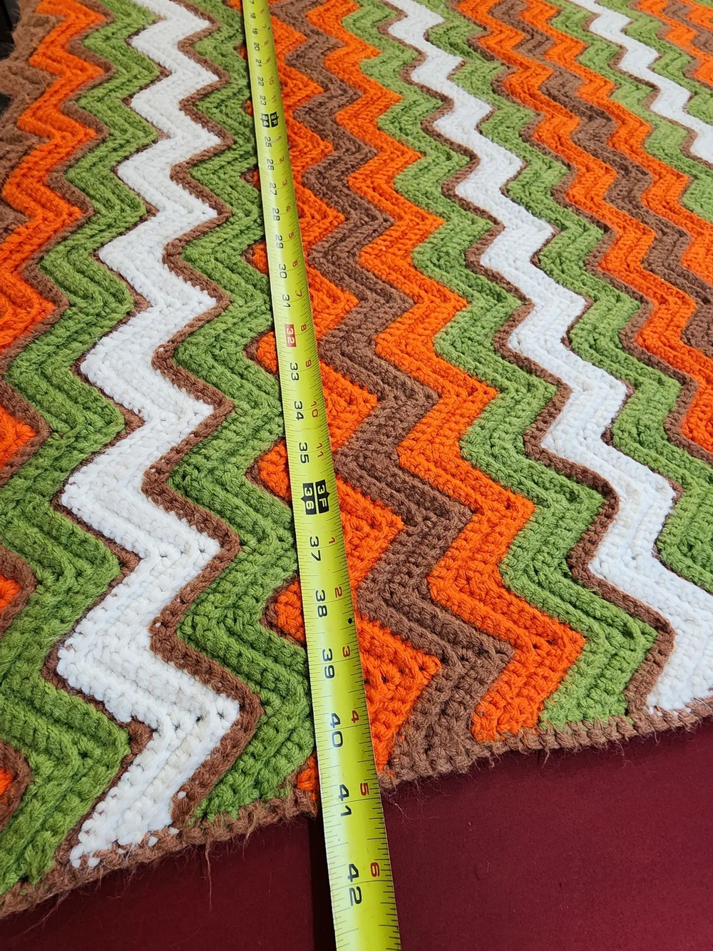 Vintage Handmade Chevron Crochet Throw in Orange, Green & White